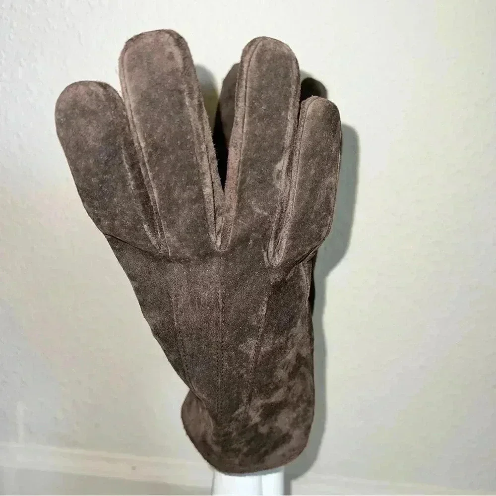 Isotoner Women’s Dark Brown Suede Gloves Thin Black Fleece Lining Size XL